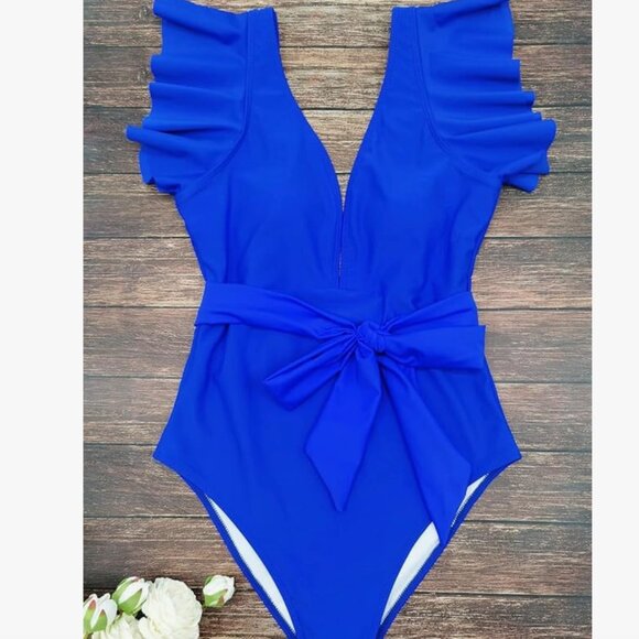 Deep V Neck Ruffle One Piece Swimsuit SIZE MEDIUM NEW WITH TAGS - Picture 4 of 7